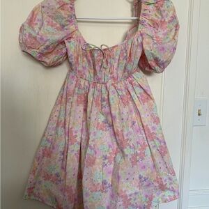 For Love and Lemons Pink Multi Floral Puff-Sleeve Dress
